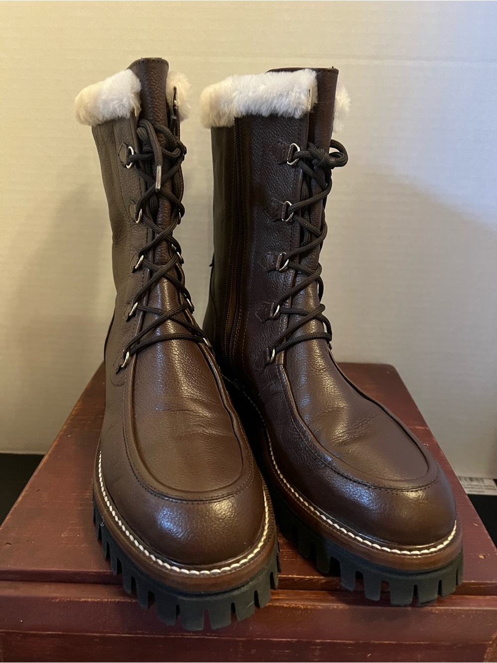 Women’s Brown Leather Shearling-Trim Lace-Up Boots